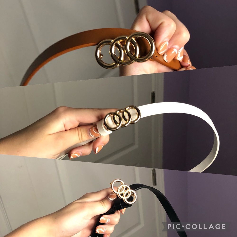 Three Shein belts colors brown,white,and black